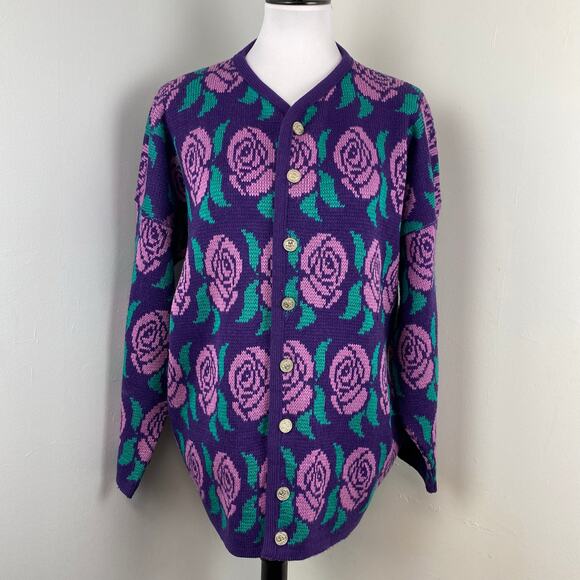 Vintage Western Connection Purple Floral Knit Cardigan Sweater Large Cottagecore - Picture 1 of 8